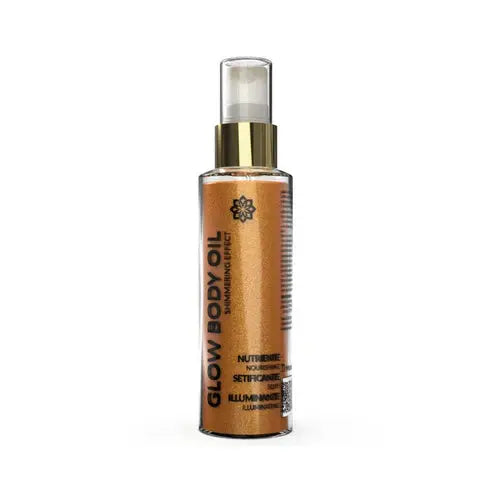 Huile pour le corps Duo Glow Misslath Beauty avec spray corporel brillant, flacon élégant avec liquide doré et scintillant