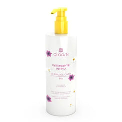 Nettoyant intime pour peaux délicates Essencelle par Chogan avec mauve et camomille, flacon blanc et étiquette élégante.