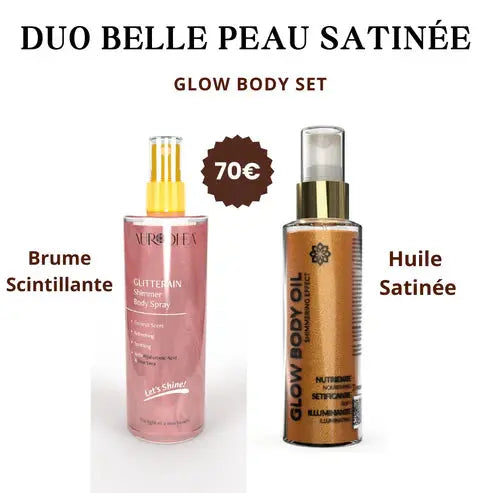 Huile pour le corps DUO GLOW Misslath Beauty avec paillettes, hydrate et illumine la peau avec un spray scintillant.